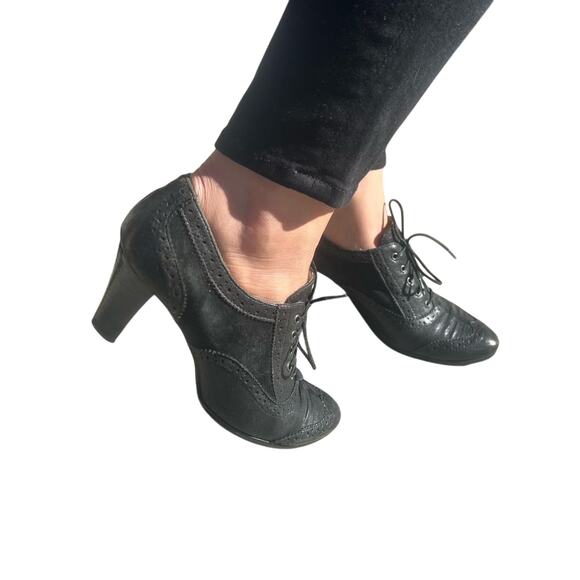 Vintage 7M Black Leather Lace Up Oxford Heels - Picture 4 of 8